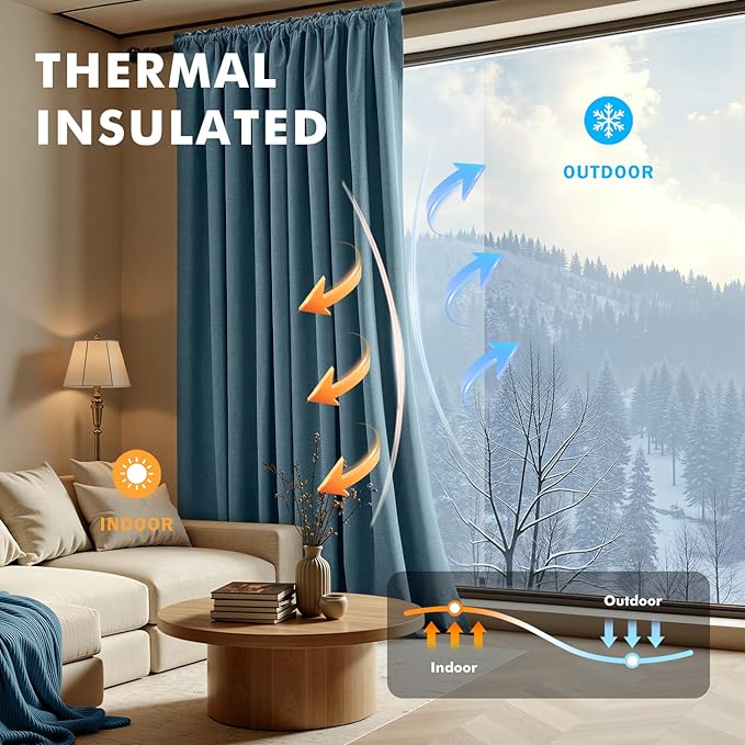 MIULEE 100% Blackout Linen Curtains for Bedroom, Stone Blue Solid Luxury Decor Thermal Insulation Room Darkening Drapes for Living Room Nursery Back Tab Rod Pocket 42 x 108 Inches, 2 Panels
