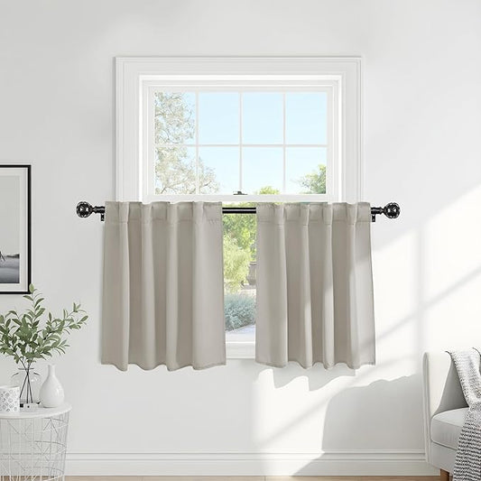 PONY DANCE Blackout Short Cafe Curtains, Privacy Light Block Small Window Curtains for Bedroom Kitchen Basement Dining Classroom, W 29 x L 30 inches, Cream, 2 Panels