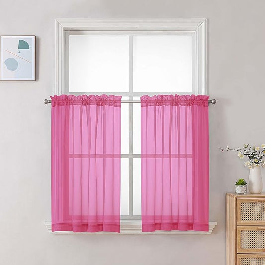 Chyhomenyc Sheer Curtains 36 inch Length 2 Panels Set, Light Filtering Voile Rod Pocket Short Window Curtians for Bathroom Living Room Farmhouse Small Windows, Each 42Wx36L in, 2PCS, Hot Pink