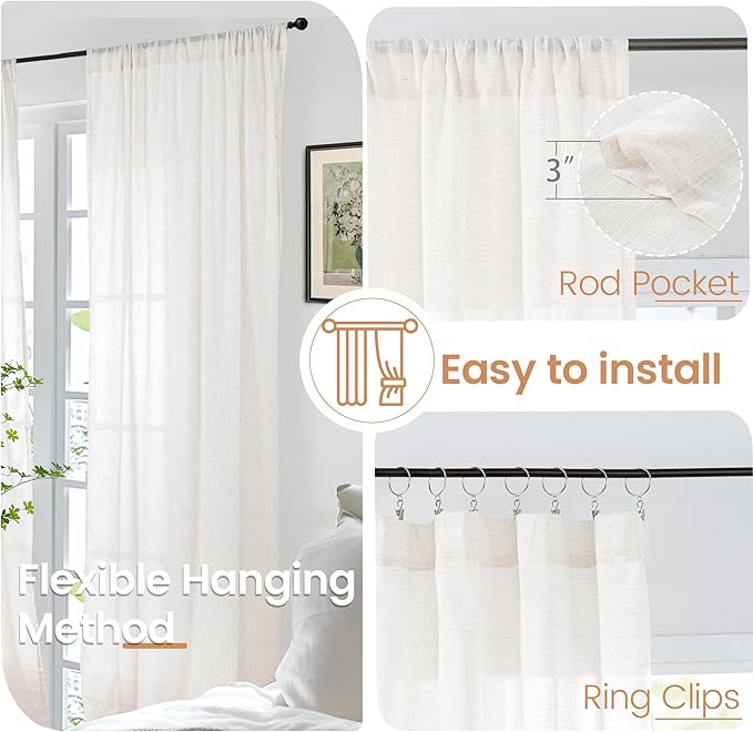 BGment Linen Semi Sheer Curtains 63 Inch Length for Living Room - Ivory Textured Light Filtering Window Drapes with Rod Pocket Lightweight Rustic for Farmhouse Bedroom, 2 Panels Set, 52 X 63 Inch