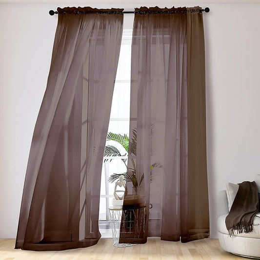 OVZME Elegant Voile Panels - Solid Color Sheer 96" Length Window Curtains, Chocolate, 2 Panels=84" W