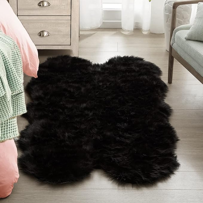 ORINOVA Black Shag Faux Fur 4x6 Area Rugs for Bedroom Washable Fuzzy Sheepskin Fur Rug for Living Room Nursery Rug