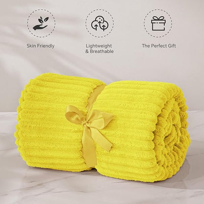 BEDELITE Fleece Blanket Twin Size – 3D Ribbed Jacquard Soft and Warm Decorative Fuzzy Blankets – Cozy, Fluffy, Plush Lightweight Throw Blankets for Couch, Bed, Sofa(Yellow, 60x80 inches)