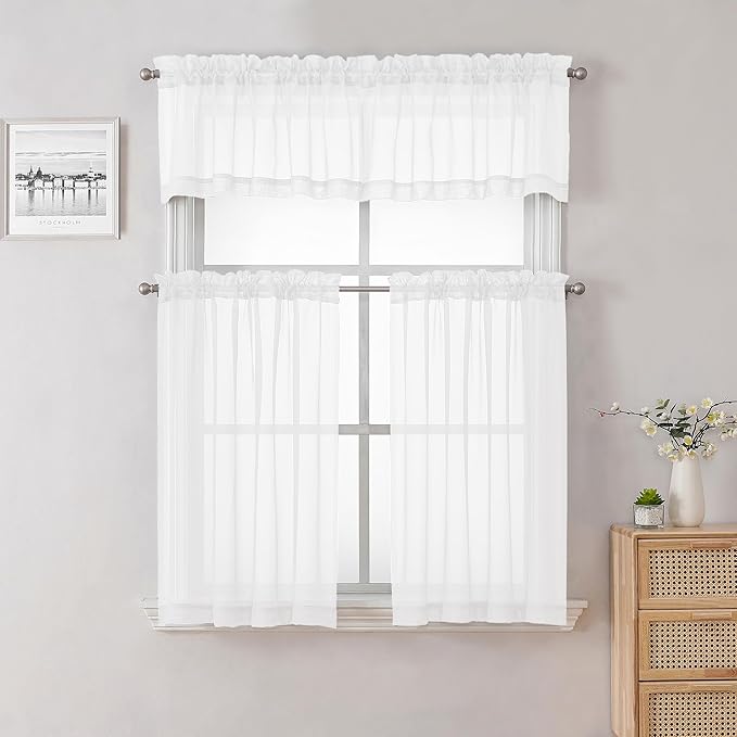 Lecloud Sheer White Valances for Windows 18 Inch Length 2 Pcs, Cafe Kitchen Curtains for Bedroom Living Room, Short Curtains for Small Windows with Dual Rod Pocket Home Decor, 42" W x 18" L