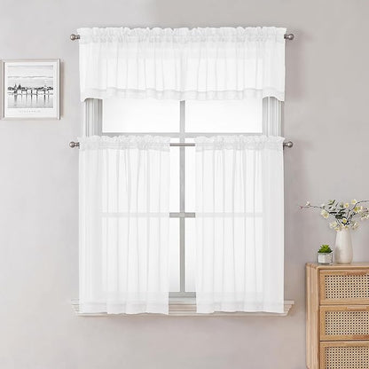 Lecloud Sheer White Valances for Windows 18 Inch Length 2 Pcs, Cafe Kitchen Curtains for Bedroom Living Room, Short Curtains for Small Windows with Dual Rod Pocket Home Decor, 42" W x 18" L