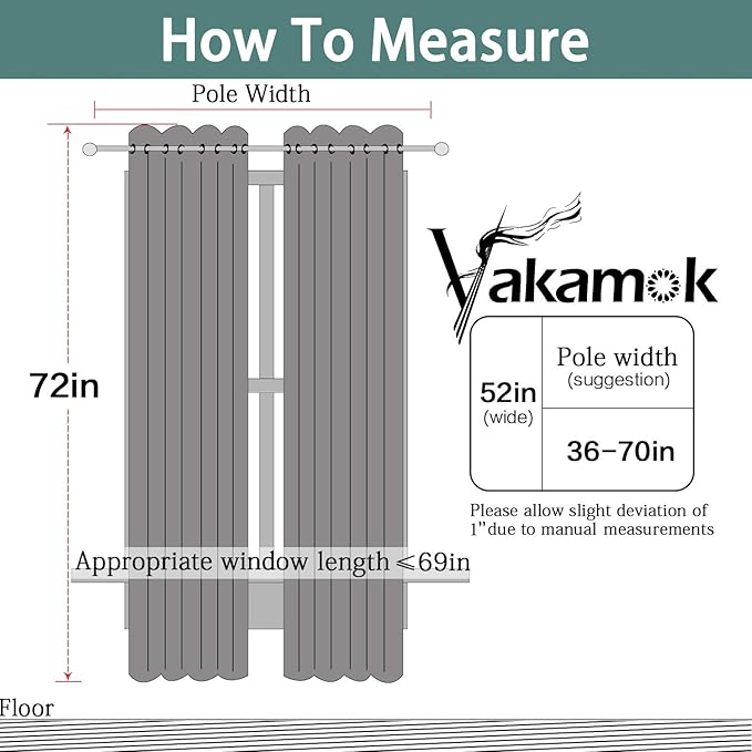 Yakamok Blackout Curtains Room Darkening Thermal Insulated Grommet top Window Curtains for Living Room, 52 x 72 Inch, Light Grey, Set of 2