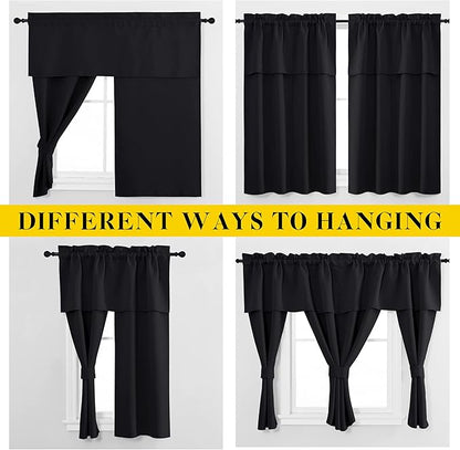 NICETOWN Black Blackout Curtains with Attached Valance, Solid Room Darkening Window Treatment Drapes/Draperies for Bedroom (2 PCs, 52 inches Wide by 45 inches Long)