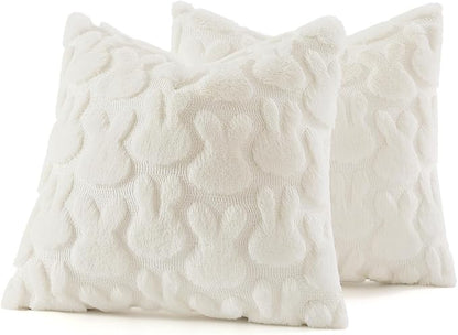 decorUhome Easter Bunny Pillow Covers 20x20 Inch Set of 2, Soft Plush Faux Wool Jacquard Cream White Rabbit Cushion Covers, Farmhouse Neutral Spring Easter Holiday Decor for Couch Sofa Bed