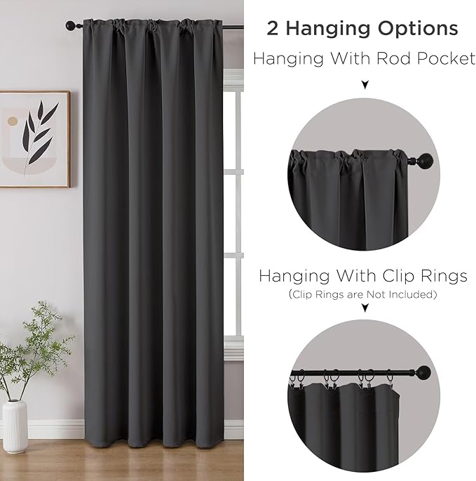 CUCRAF Dark Grey Blackout Curtains 84 inch Length 2 Panels Set, Rod Pocket Room Darkening Drapes for Bedroom Living Room, Insulated Thermal Light Blocking Window Curtain (W52 x L84 Inch)