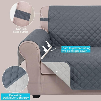 U-NICE HOME Recliner Chair Covers Reversible Chair Cover Pet Covers for Dogs with Elastic Straps Water Resistant Diamond Quilted (28''Recliner Oversized, Dark Blue/Light Grey)