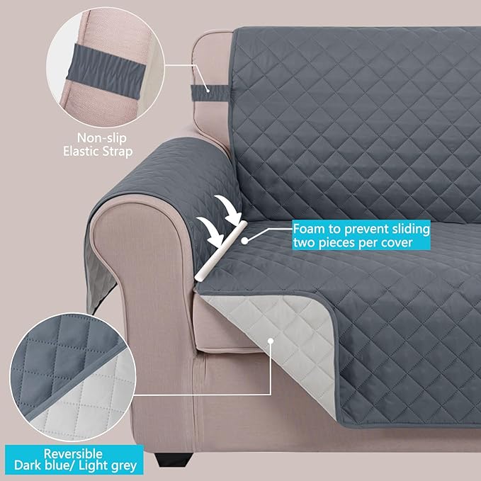 U-NICE HOME Reversible Oversized Chair Covers Quilted Water Repellent Pet Protectors with Elastic Straps(28''Armchair, Dark Blue/Light Grey)