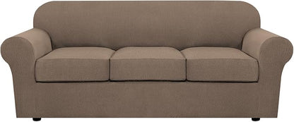 H.VERSAILTEX 4 Piece Stretch Sofa Covers for 3 Cushion Couch Covers for Living Room Furniture Slipcovers (Base Cover Plus 3 Seat Cushion Covers) Upgraded Thicker Jacquard Fabric (Sofa, Macchiato)