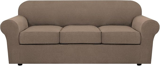 H.VERSAILTEX 4 Piece Stretch Sofa Covers for 3 Cushion Couch Covers for Living Room Furniture Slipcovers (Base Cover Plus 3 Seat Cushion Covers) Upgraded Thicker Jacquard Fabric (Sofa, Macchiato)