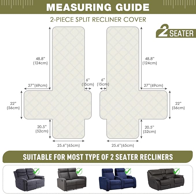 TAOCOCO 100% Waterproof Loveseat Recliner Covers 2 Seater, Split Loveseat Covers for Reclining loveseat, Non Slip Reclining Couch Cover with Double Straps for Kids, Pets(2 Seater, Green)