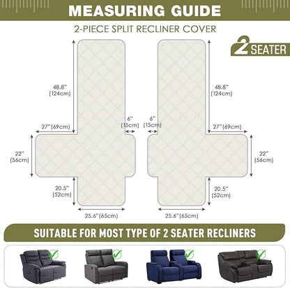 TAOCOCO 100% Waterproof Loveseat Recliner Covers 2 Seater, Split Loveseat Covers for Reclining loveseat, Non Slip Reclining Couch Cover with Double Straps for Kids, Pets(2 Seater, Green)