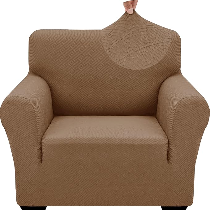 ZNSAYOTX 1 Piece Jacquard Chair Slipcovers for Living Room High Stretch Chair Covers with Arms Anti Slip Pets Friendly Couch Sofa Armchair Cover Furniture Protector (Small,New Pattern Light Coffee)