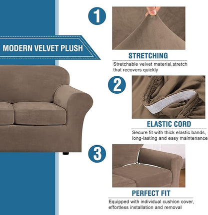 H.VERSAILTEX High Stretch Sofa Slipcover 4 Piece Cover Velvet Furniture Protector Form Fit Thick Velvet Extra Large Sofa Cover for 3 Cushion Couch Width Up to 97 Inch (Large Sofa, Mocha)
