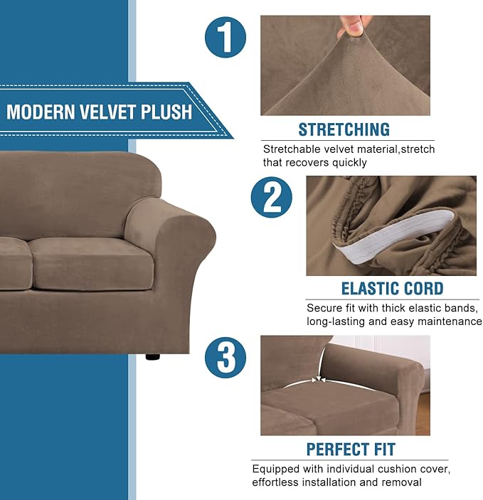 H.VERSAILTEX Rich Velvet Stretch 2 Piece Cover Chair Slipcover Sofa Cover Furniture Protector Couch Soft with Elastic Bottom Chair Couch Cover Width Up to 49 Inch (Chair, Mocha)