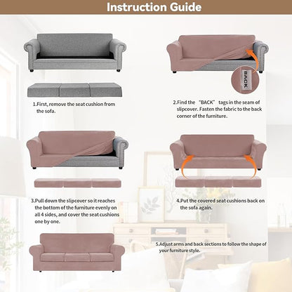 WEERRW 4 Pieces Velvet High Stretch Couch Covers for 3 Cushion Couch Sofa Slipcovers, Washable Furniture Protector with Non Slip Elastic Bottom, Feature Soft and Thick Plush Fabric, Pink, Large