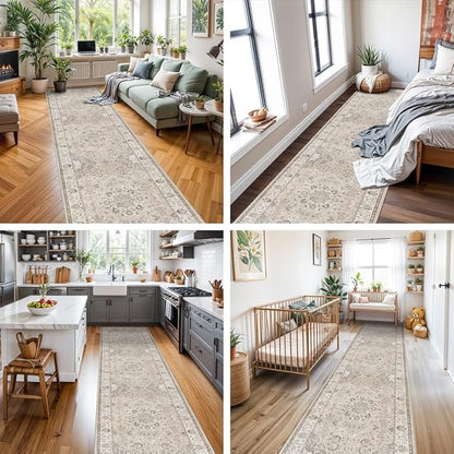 Hallway Washable Runner Rug - 2x7 Kitchen Rugs Entryway Rug Runner Vintage Soft Floor Mat Non Slip Indoor Farmhouse Carpet for Bathroom Living Room Bedroom (2 X 7, Beige)