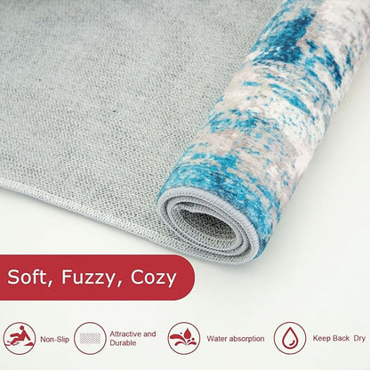 KOZYFLY Modern Abstract Runner Rug 2x6 Turquoise/Beige/Grey/Yellow Runners for Hallways Kitchen Rug Non Slip Washable Carpet Rug Runner Laundry Mat with Soft Low Pile for Entryway Bathroom Bedroom