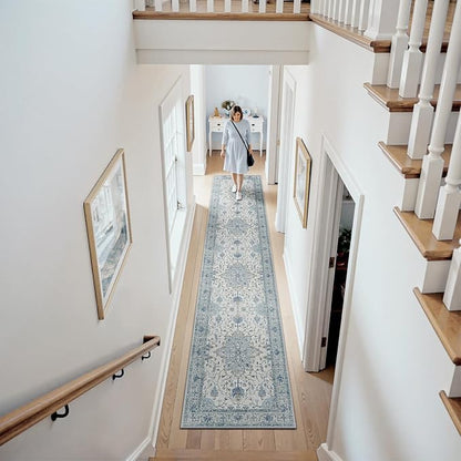 Area Rugs 2'6''x10' Runner Rug Non Slip Washable for Kitchen Hallway Bedroom Beside Laundry Room Bathroom Rug, Floor Carpet, Light Blue Navy Beige Gray White