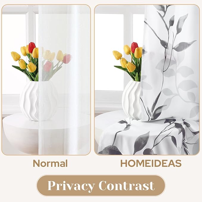 HOMEIDEAS Kitchen Curtains, Short Non-See-Through Privacy 30X24 Inch Length Tier Curtains, Grey and White Leaf Floral Printed Light Filtering Semi Sheer Small Window Drapes for Bathroom Cafe, 2 Panels