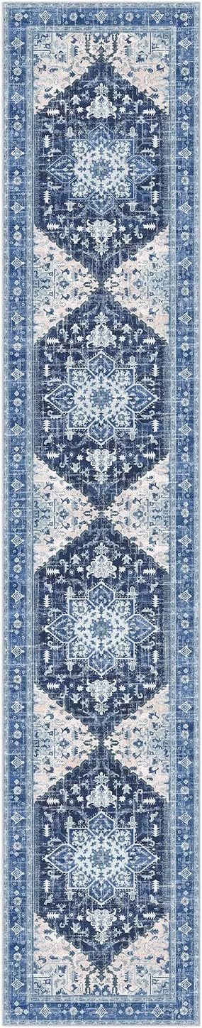 Yamaziot Washable Runner Rug, 2x10 Non-Slip Boho Vintage Hallway Rug Runner with Rubber Backing, Stain Resistant & Low Pile Faux Wool Distressed Carpet Runner for Kitchen, Laundry, Entrance, Blue