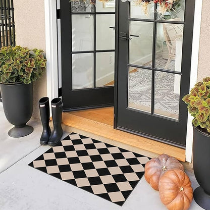 Front Door Mat Outside Entrance - 2x3 Black Tan Non-Slip Washable Doormat Indoor Outdoor Mat Entry Rug Geometric Diamond Small Throw Rugs for Entryway Kitchen Front Porch Decor