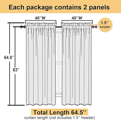 Lecloud Dusty Blue Sheer Curtains 63 Inch Length 2 Panels, Light Filtering Voile Curtain Drapes for Kitchen Bedroom Windows, Dual Rod Pocket Living Room Sheer Curtains, 40 W x 63 L Inches