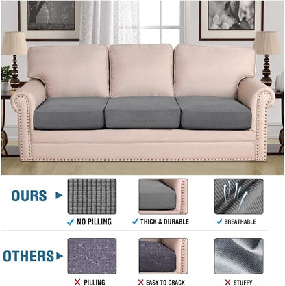 H.VERSAILTEX Super Stretch Individual Seat Cushion Covers Sofa Covers Couch Cushion Cover Slipcover Sets Thick Jacquard Textured Twill Fabric (3 Piece Sofa Cushion Covers, Grey) (Pack of 2)