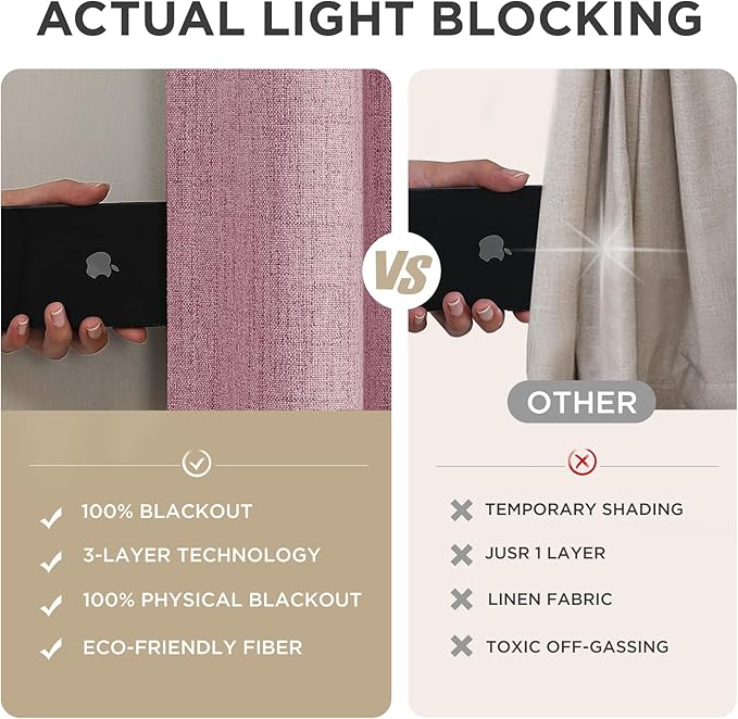 Joydeco Blackout Curtains for Bedroom - 100% Light Blocking 2 Panels Set Pink Drapes 37" W x 96" L, Thermal Insulated Room Darkening Curtains, Linen Textured for Living Room, Rod Pocket & Back Tabs