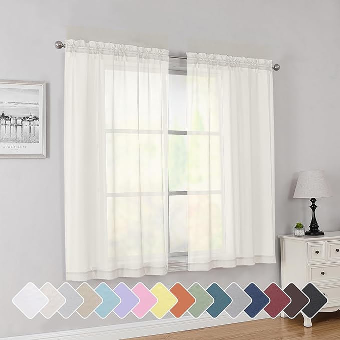 Simplebrand Rod Pocket Top Solid Voile Sheer Curtains for Bedroom, 54 Inch Length Drapes Set of 2, Lightweight and Light Filtering Elegant Ivory Curtains Panels Window Treatment, 42W×54L, Ivory