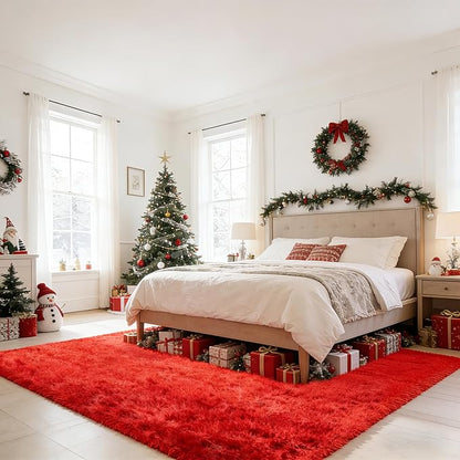 Red Shag Area Rugs for Bedroom Living Room,Ultra Soft Fluffy Christmas Area Rugs 6X9 for Dorm, Indoor Carpet Nursery Rugs for Kids Girl Room Home Decor, Red