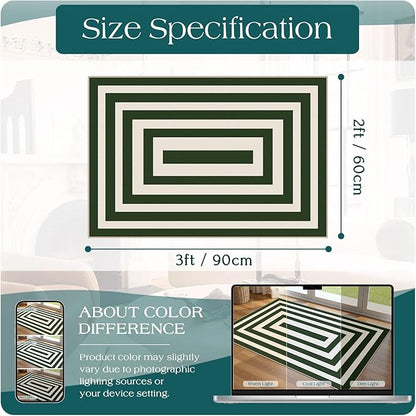 Front Door Mat Outside Entrance - 2x3 Green White Non-Slip Washable Doormat Indoor Outdoor Entrance Geometric Bordered Rug Small Throw Rugs for Entryway Bedroom Kitchen Front Porch Decor