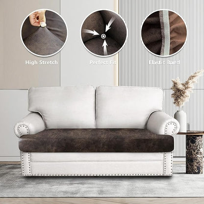 Leather Look Couch Cushion Covers Sofa Seat Slipcovers Sets Couches Furniture Protector for Sectional Armchair Loveseat Pets Kids Stretch Spandex Fabric (1 T-Cushion loveseat, Brown)