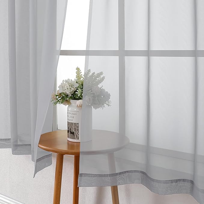 Lecloud Light Grey Sheer Curtains 54 Inch Length 2 Panels, Airy & Breathable Solid Voile Silver Gray Curtain with Dual Rod Pockets, Kitchen/Bedroom/Living Room Window Short Drapes, 40x54 Inch