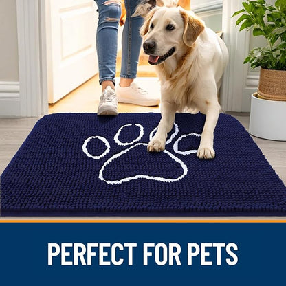 OLANLY Dog Door Mat for Muddy Paws 47x32, Paw Print Design, Absorbs Moisture and Dirt, Absorbent Non-Slip Washable Doormat, Quick Dry Chenille Mud Mat for Dogs, Entry Indoor Entryway Carpet, Navy Blue