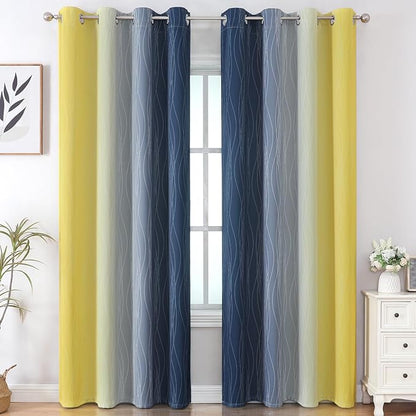 Estelar Textiler Navy Blue and Yellow Gradient Blackout Curtains for Bedroom, Thermal Insulated Ombre Blackout Drapes, Full Light Blocking Energy Saving Curtains for Living Room,52Wx96L,2 Panels