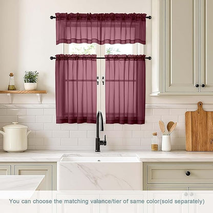 Burgundy Small Sheer Curtains 2 Panels Set, Kitchen Curtains 36 Inch Length, Elegant Light Filtering Short Window Drapes for Living Room Bedroom, Dual Rod Pocket Design, 2x42Wx36L Inches