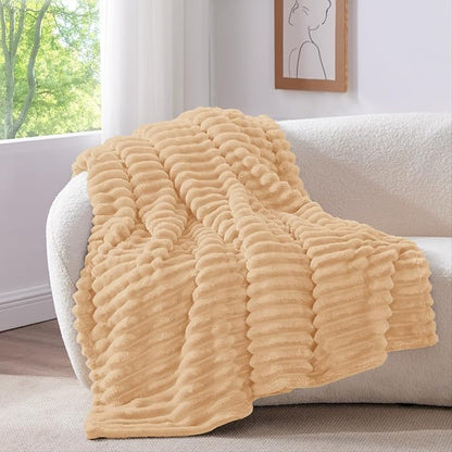 BEDELITE Twin Blanket for Couch & Bed, 300GSM Soft & Warm Fleece Blanket, Decorative and Giftable Striped Blush Sand Blankets for Women, Men, 60"x80"
