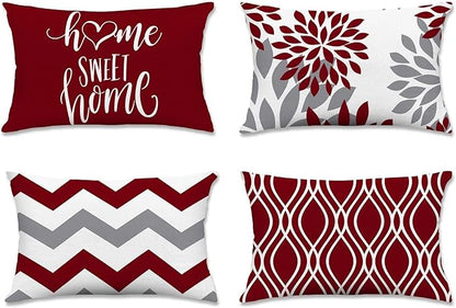 Hexagram Geometric Burgundy Pillow Covers 12x20 Set of 4, Decorative Outdoor Boho Modern Throw Pillow Covers, Home Sweet Home Farmhouse Cushion Case for Couch Sofa Bedroom Indoor Decor(No Insert)