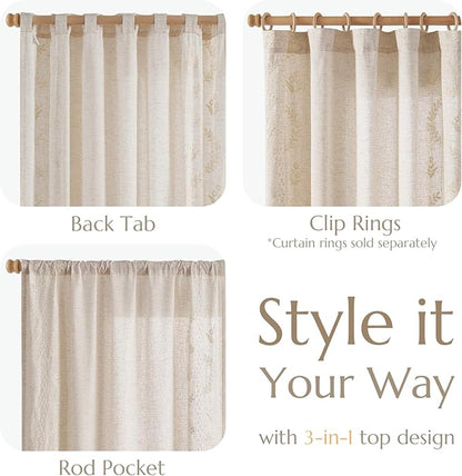 jinchan Belrose Linen Curtains for Bedroom Floral Curtains 63 Inch Length Linen Blend Ivory Embroidered Drapes Farmhouse Flower Patterned Drapes for Living Room Window Treatments Set 2 Panels