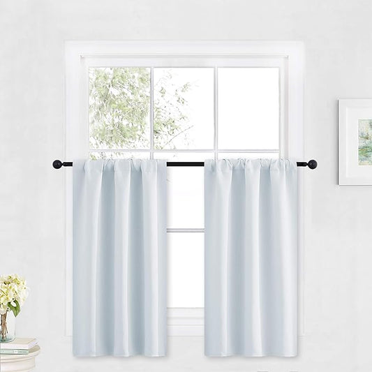 RYB HOME Cafe Curtains 30 inch Length, Short Light UV Heat Blocking Energy Saving Privacy Curtain Tiers for Basement Bathroom Kitchen Window, Width 29 by Length 30, Greyish White, 2 Panels