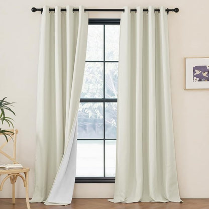 NICETOWN Faux Linen 100% Blackout 90 inch Curtains, Silver Grommet Thermal Insulated 2 Layers Window Treatments Sound Dampening for Living Room/Bedroom, Natural, W52 x L90, 2 Panels