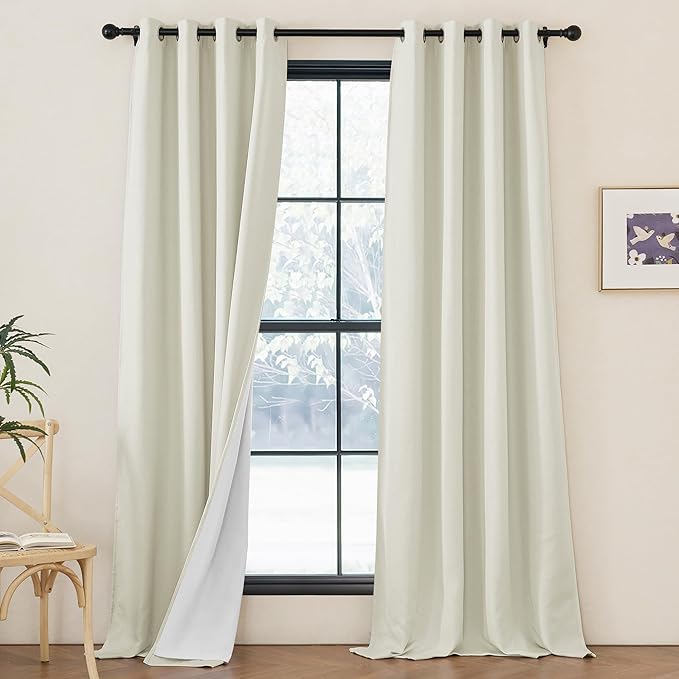 NICETOWN Faux Linen 100% Blackout 108 inch Curtains for Bedroom, Silver Grommet 2 Layers with White Liner Window Treatments Sound Reducing Drapes for Living Room, Natural, W52 x L108, 2 Panels