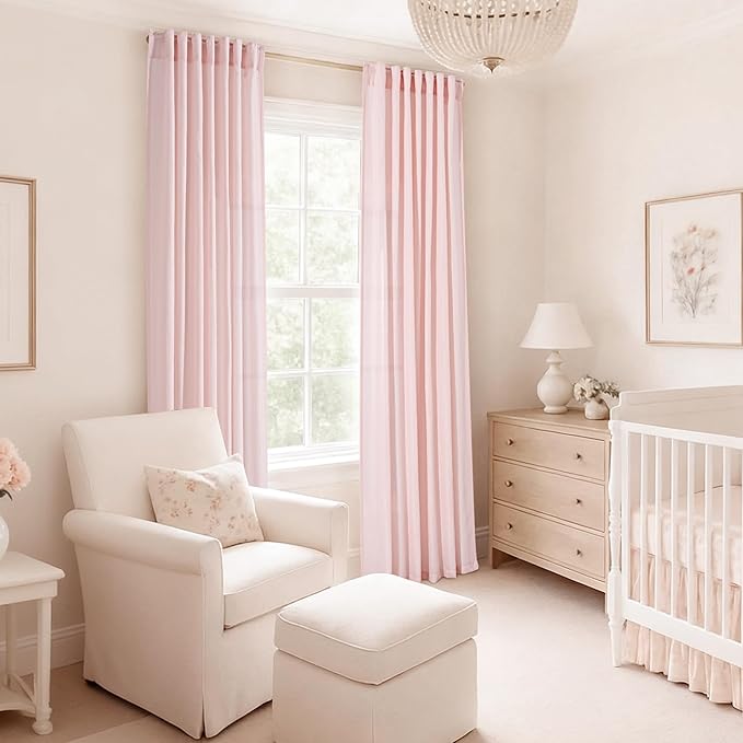 Pink Linen Curtains 90 Inch Long Back Tab Rod Pocket Window Treatment Curtain Panels for Girls Bedroom Semi Sheer Light Filtering Farmhouse Rustic Boho Elegant Drapes 52 x 90 Inch