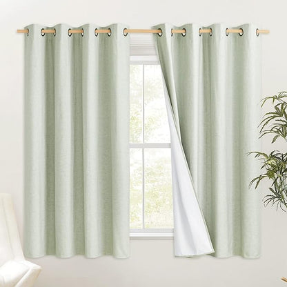 NICETOWN Sage Green 100% Blackout Short Curtains 68 inches Lenghth Burg for Kitchen, 2 Panels, Burlap Linen Drapes with Thermal Insulated White Liner, Keeping Out Cold Air and Heat Panels