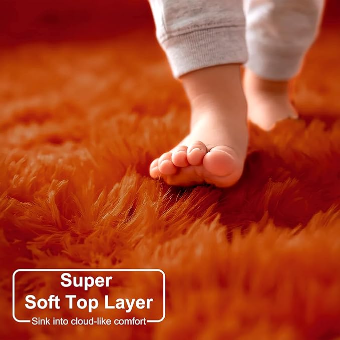 Amdrebio Burnt Orange Round Circle Rug 4Ft for Bedroom Living Room Decor Aesthetic, Fluffy Furry Fuzzy Shaggy Area Rugs for Kids Room, Small Plush Shag Dark Orange Carpet for Nursery Dorm Classroom