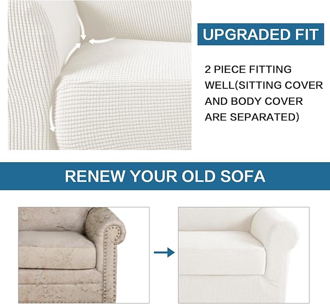 H.VERSAILTEX 2 Piece Couch Cover Stretch Stylish Chair Cover Furniture Protector Featuring Jacquard Textured Twill Fabric High Spandex Slipcover (Chair, Porcelain White)